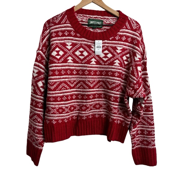 American Eagle Fair Isle Sweater Crew Neck  Red & White Knit Bonus dog sweater - Picture 2 of 13